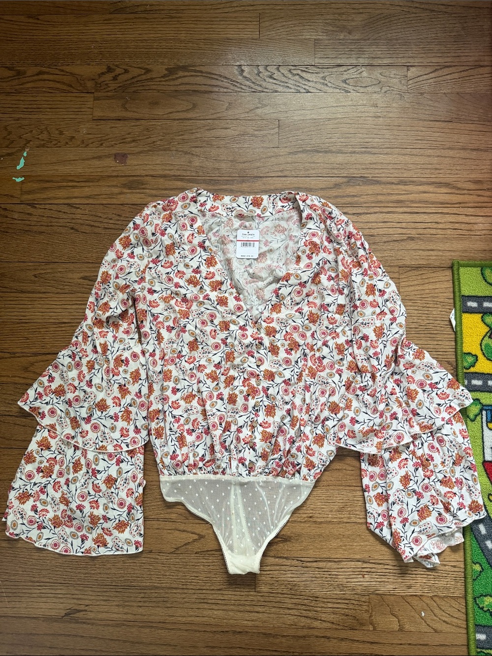 Free People Floral Print V-Neck Long Sleeve Bodysuit in White and Orange XS